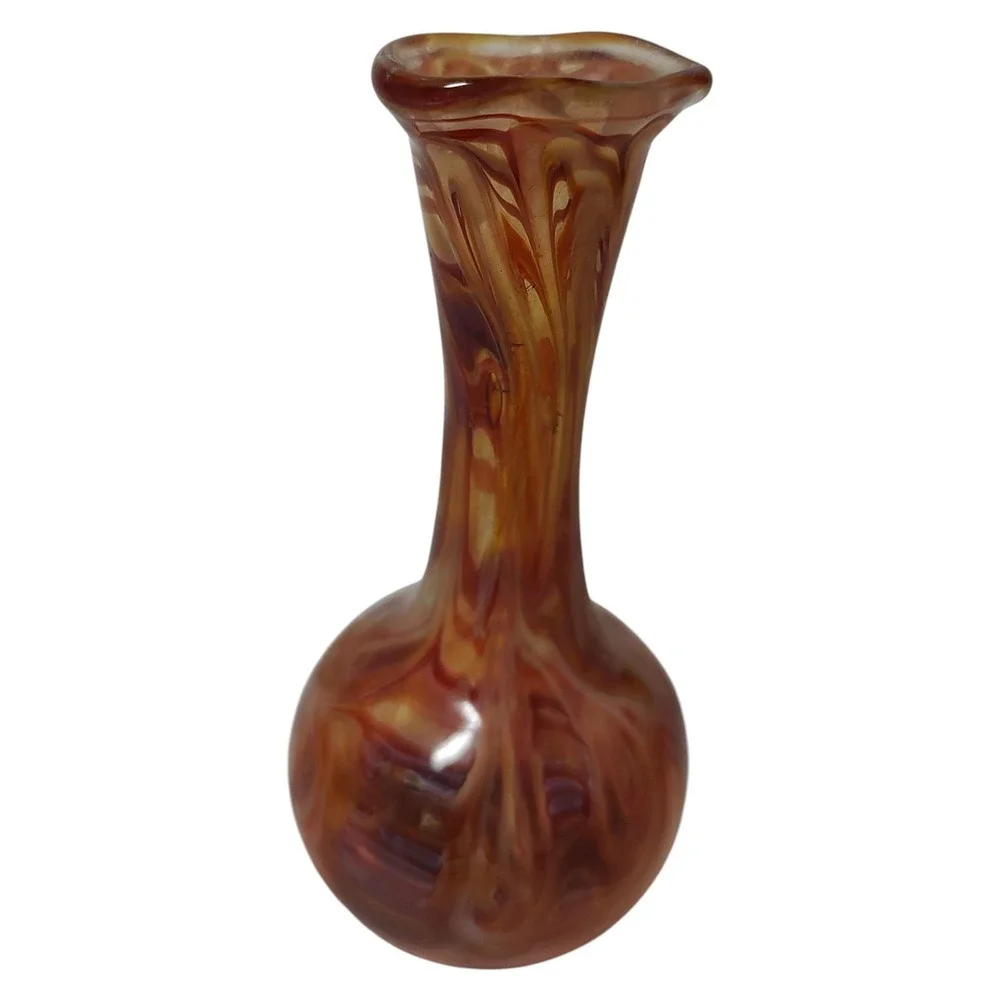 Hand‎ Blown Glass Mini Vase With Orange Swirl Design Vintage 4.5 Inches